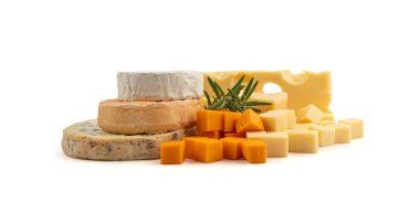 Cheese plate of color cheeses variety, yellow, white and blue gorgonzola platter, munster, fourme cheese board, assorted chopped dairy products, many stinky French cheeses on white background clipart