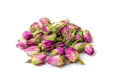 Kuru Gül Tomurcukları, Pembe Çiçek Çayı için Gül Yaprakları, Kurumuş İran Gülleri, Beyaz Arkaplanda İzole Edilmiş Gül Tomurcukları