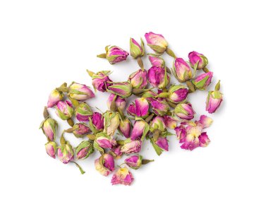 Kuru Gül Tomurcukları, Pembe Çiçek Çayı için Gül Yaprakları, Kurumuş İran Gülleri, Beyaz Arkaplanda İzole Edilmiş Gül Tomurcukları