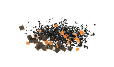 Dry kelp seaweed squares, mini wakame pieces isolated, dried aonori kombu and carrot flakes from ramen pack, small alga sea weed, laminaria crumbles on white background top view clipart