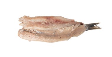 Hollanda ringa balığı, tuzlanmış balık eti fileto, geleneksel maatjeler, taze Atlantik ringaları, matias holenderski, clupea harengus membras on white background