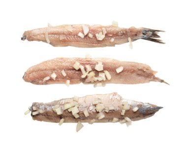 Hollanda ringası soyutlanmış, tuzlanmış balık eti filetosu, geleneksel maatjes, soğanlı taze Atlantik ringası, matias holenderski, beyaz arka planda clupea harengus membras