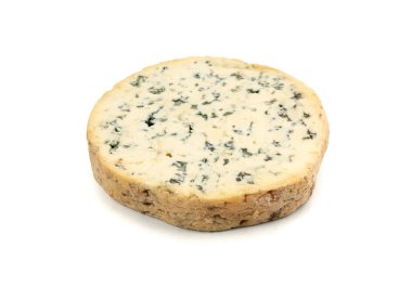 Fourme cheese isolated, stinky french cheese, Fourme d'Ambert creamy dairy product, gourmet food, semi-hard French blue round cheese with Penicillium roqueforti spores closeup clipart