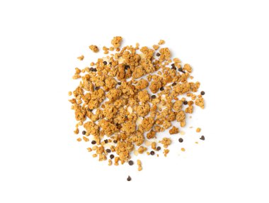 Granola Yığını İzole Edilmiş, Badem ve Çikolatalı Kahvaltı, Tohum ve Yulaf Gevreği, Sağlıklı Yulaf Ezmesi Müsli Granola Beyaz Arkaplanda