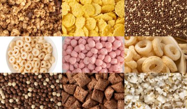 Kahvaltı gevreği topları dokuyu karıştırır, mısır gevreği kolajı, gevrek mısır gevreği kolajı, renkli mısır topları deseni, pembe, sarı veya kahverengi ve beyaz mısır gevreği kolajı