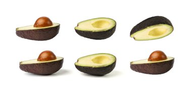 Hass Avocado Half Isolated, Whole Sharwil Set, Brown Avocados Cut, Fresh Alligator Pear, Guacamole Ingredient, Persea Americana Avocado Fruit on White Background clipart