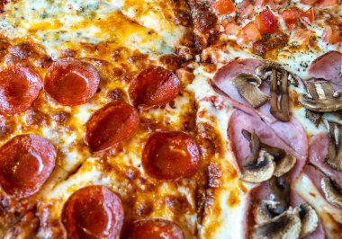 Four Seasons Pizza, Quattro Stagioni with 4 Tip Toppings with Salmi, Domates, Mantar, Et ve Mozzarella Cheese, Geleneksel İtalyan Flatbread