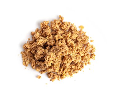 Granola Yığını İzole Edilmiş, Dağılmış Müsli Kahvaltısı, Gevrek Gevrek Gevrek Kahvaltısı, Tohum ve Tahıllı Yulaf Ezmesi Müsli, Sağlıklı Diyet Yemekler, Beyaz Arkaplanda Granola