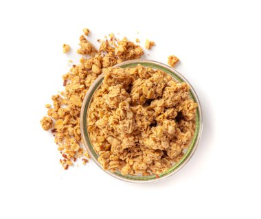 Granola Pile in Bowl, Muesli Breakfast, Çıtır Gevrek Kahvaltı, Tohum ve Tahıllı Yulaf ezmesi Müsli, Sağlıklı Diyet Yemekler, Beyaz Arkaplanda Granola