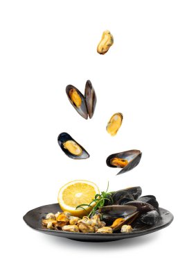 Siyah tabakta midyeler, düşen kabuklu deniz ürünleri, deniz ürünleri, midyeler, beyaz arka planda pişirilmiş midyeler.