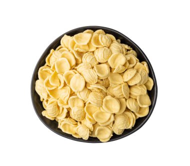 Raw Orecchiette Pasta in Bowl, Homemade Dry Macaroni, Italian Recchietedde, Raw Noodle, Orecchiette Pasta on White Background clipart