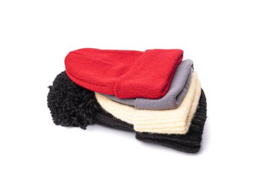 Winter Hats Isolated, Knitted Winter Clothes, Woolen Hat Pile, Sports Cap, Knit Beanie on White Background
