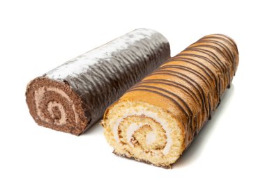 İsviçre Rolls Set, Yuvarlak Süngerli Kekler Kakao Kremalı Yuvarlak Vanilyalı Bisküvi Seti, Haşhaş tohumları doldurma, İsviçre Tatlısı, Beyaz Arkaplanda Kütük Pastası