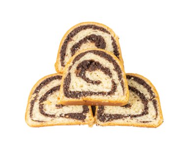 Haşhaş tohumlu İsviçre dürümü, Yuvarlak Süngerli Kek İzole edilmiş, Dilimlenmiş Vanilyalı Bisküvi Haşhaş tohumlu, İsviçre Tatlısı, Beyaz Arkaplanda Kütük Pastası