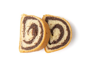 Haşhaş tohumlu İsviçre dürümü, Yuvarlak Süngerli Kek İzole edilmiş, Dilimlenmiş Vanilyalı Bisküvi Haşhaş tohumlu, İsviçre Tatlısı, Beyaz Arkaplanda Kütük Pastası