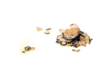 Truffle Slices Isolated, Gourmet Tuber Melanosporum Mushroom Pieces in Oil, Canned Black Truffle, Aroma Seasoning Fungus on White Background clipart