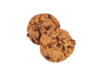 Çikolatalı kurabiyeler izole edilmiş, Amerikan bisküvileri, kakaolu pasta, tatlı lokmalar fırın, beyaz arka planda yuvarlak pasta.