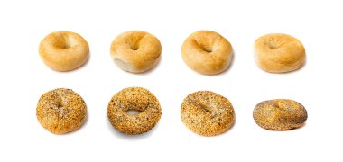 İzole edilmiş Bagel, Bir Yuvarlak Çörek, Kahvaltı için Buğday Fırını, Beyaz Arkaplanda Düz Çember Bagel Ekmeği