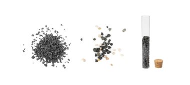 İzole edilmiş akvaryumlar için bazalt çipleri, Gri Kaba Kum, Güzel Granüler Taşlar, Dağılmış Kum, Dekoratif Kayalar, Beyaz Arkaplanda Küçük Gri Kaya Dokusu Üst Görünümü