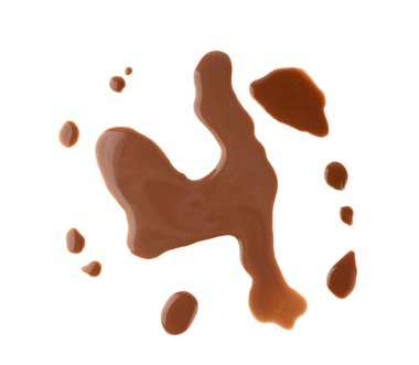 Çikolatalı süt izole edilmiş, sıcak çikolata birikintisi, sıvı leke, kahve serpme, beyaz arka planda kahverengi latte.