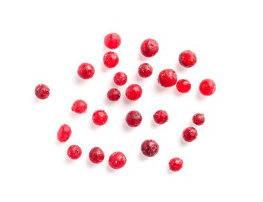 Donmuş Lingonberry İzole edilmiş, Dağılmış Buzlu Cowberry, Kar Yabanmersini, Kırmızı Viburum Böğürtlenleri, Donmuş Lingonberry Beyaz Arkaplan Üst Görünümünde