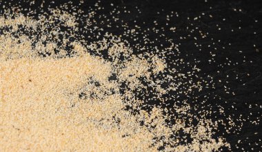 Sarımsak tozu dokusu, kurumuş granüle edilmiş ezilmiş sarımsak deseni, küçük sarı baharat çeşnisi arkaplanı ve metin için metin alanı.