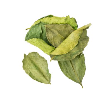 Tayland kireç kuru yaprakları izole edilmiş, kireç, kireç veya histriks yaprak yığını, kaffir limon kuru lahanası, Güneydoğu Asya baharatları, beyaz arka planda Tom yer elması çorbası malzemesi.