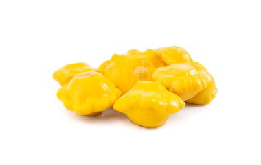 Terbiye edilmiş köfte tavası, turşu kabağı turşusu, tuzlu sarı veranda mayalanmış bebek istiridyesi, beyaz arka planda kremalı büyükanne kabağı.