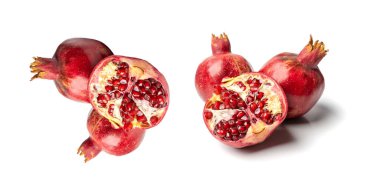 Nar yalıtılmış, Kırmızı Olgun Tüm Meyve Grubu, Grenadine İçindekiler Beyaz Arkaplanda Taze Tatlı Organik Narlar