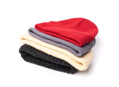 Winter Hats Isolated, Knitted Winter Clothes, Woolen Hat Pile, Sports Cap, Knit Beanie on White Background