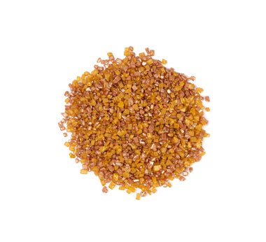 Şeker serpiştirilmiş, Altın Şeker serpintisi, Tatlı Kahverengi Gevrek Süsleme, Renk Şekeri, Beyaz Arkaplan Üst Görünümünde Çok Renkli Kristaller