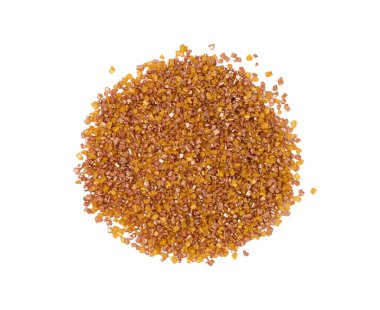 Şeker serpiştirilmiş, Altın Şeker serpintisi, Tatlı Kahverengi Gevrek Süsleme, Renk Şekeri, Beyaz Arkaplan Üst Görünümünde Çok Renkli Kristaller