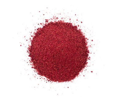 Sumac Tozu İzole Edilmiş, Kırmızı Sumach Zemin Seasoning, Kuru Sumak, Ezilmiş Typhina Tohumları, Doğal Sumach Tozu, Sumac Baharatları Beyaz Arkaplan Üst Görünümünde
