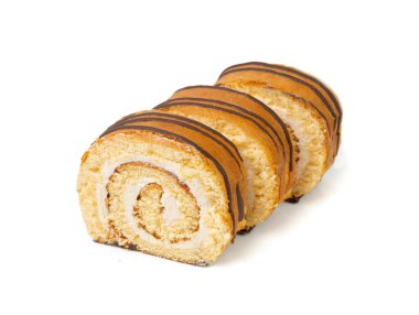 İsviçre Roll, Yuvarlak Süngerli Kek, Dilimlenmiş Vanilyalı Bisküvi, Jam Doldurmalı, İsviçre Tatlısı, Beyaz Arkaplanda Log Pastası