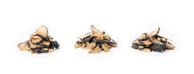 Mantar Dilimleri İzole Edildi, Gurme Tuber Melanosporum Mantar Parçaları, Siyah Mantar Kesikleri, Beyaz Arkaplanda Aroma Baharatı Mantarı