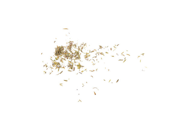 Dry thyme isolated, dried marjoram, oregano pile, ground crushed thyme seasoning, thyme leaves, rosemary herbs and spices on white background top view