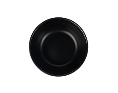 Boş kase izole edilmiş, siyah tabak afişi, koyu porselen çanak modeli, beyaz arkaplan görünümündeki metin için kopyalama alanı ile mutfak şablonu