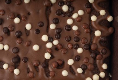 Çikolatalı kek deseni arkaplanda beyaz ve koyu toplar serpiştirilmiş, klasik doğum günü browni deseni, metin için fotokopi alanı olan brounie banner.