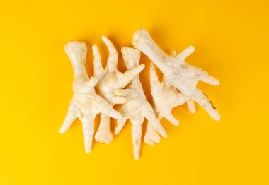 Kuru tavuk patileri evcil hayvan mamaları, doğal köpek mamaları kemikler ve et ile sarı arka plan manzarası