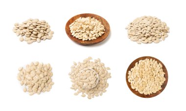 Kabuklu Kabak Tohumları, Çiğ Pepita Taneleri, Dağınık Yeşil Sağlıklı Fındıklar, Beyaz Arkaplanda Derisi Olan Kabak Tohumu