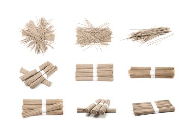 Dry Soba Isolated, Raw Buckwheat Noodles, Uncooked Buck Wheat Pasta, Gluten-Free Soba Spaghetti on White Background Top View