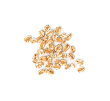 Hecelenmiş tanecikler, kuru çiğ çiğ yulaf taneleri, buğday, yulaf ezmesi ya da kepek, müsli ya da tahıl gevreği için arpa gevreği, beyaz arka planda izole edilmiş.