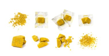 Stok Küpü İzole Edildi, Sebze Stoku Konsantratı, Et suyu Küpü, Bouillon Küpü, Beyaz Arkaplan Üst Görünümlü Anında Baharat Çorbası