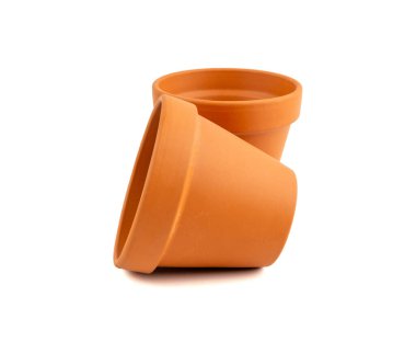 Boş terasotta saksıları, kil bahçesi vazosu, kahverengi seramik saksı, terra cotta saksısı, beyaz arka planda bahçe çömleği.