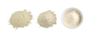 Buğday unu beyaz arka plan üzerinde izole avuç. Üstten Görünüm