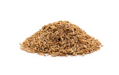 Kimyon yığını izole edildi. Kaz ya da rezene çekirdekleri yakın çekim, zeera makro, Hint kimyon ya da zira tahıllar üst görünüm, Asya mutfağı çeşnili jeera ya da beyaz arka plan görünümlü kimyon