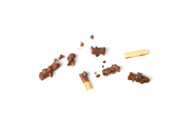 Çikolatalı kurabiye, izole edilmiş, uzun çikolatalı pasta, şekerleme, Japon bisküvi tüpleri, tatlı kakao kremalı Grissini, Kore krakeri beyaz arka planda şekerleme çubukları