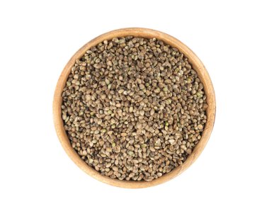 Ahşap kasedeki kenevir tohumları izole, kenevir taneleri, marihuana çekirdekleri, beyaz arka plan görünümlü kenevir tohumları