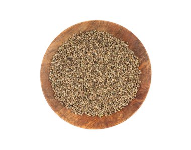 Ahşap kasedeki kenevir tohumları izole, kenevir taneleri, marihuana çekirdekleri, beyaz arka plan görünümlü kenevir tohumları