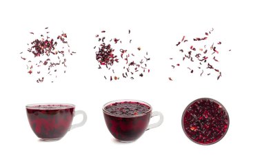 Kuru Hibiscus Çayı, Dağılmış Kuru Gül Yaprakları, Meyve Kırmızısı Çayı, Karkade Yaprakları, Kurutulmuş Bitki İçeceği, Roselle Petal, Yenilebilir Çiçek Yaprağı Çayı Beyaz Arkaplan Üst Görünümü